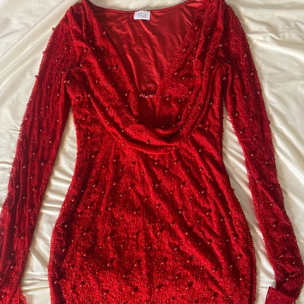 Oh Polly Long sleeve deep plunge mini dress in red